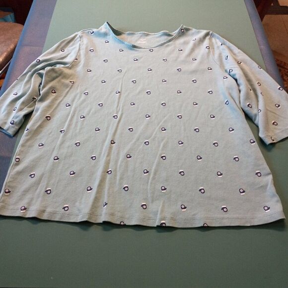 CJ Banks 1X Cotton Blue Mitten w/Snowflake 3/4 sleeve Top Cottagecore - Picture 1 of 7